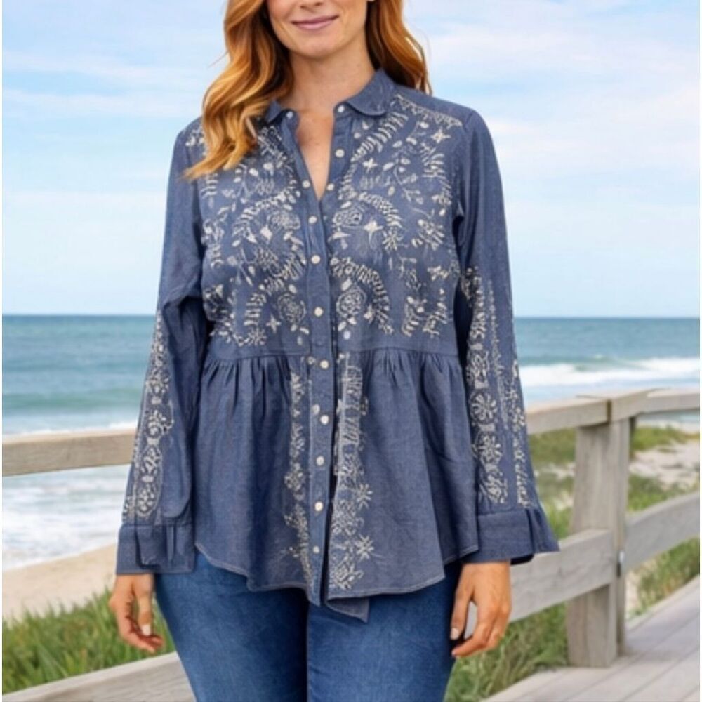 Johnny Was workshop blue embroidered chambray button down small